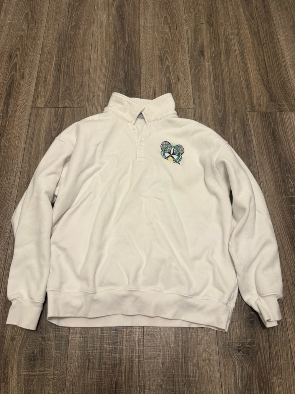 TNA Aritzia Tennis Club Sweatshirt Womens Large White Cozy Fleece Boyfriend Fit